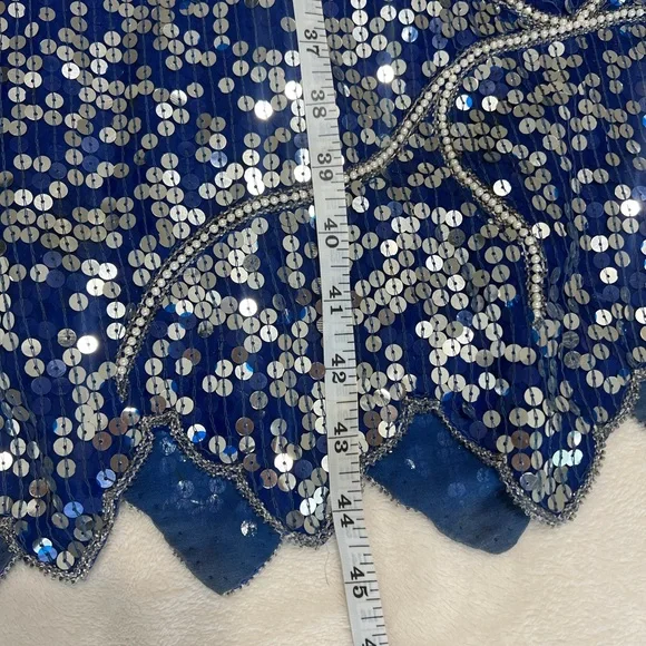 Vintage Blue Sequin Beaded Silk Dress Art Deco Midi Party Formal - Picture 12 of 16